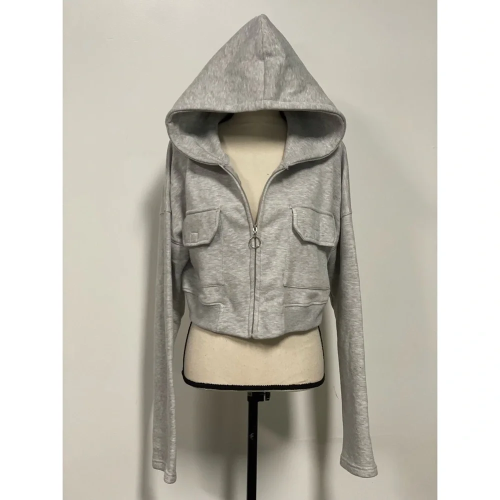 Pretty Little Thing Plus Cropped Hoodie Sweatshirt Gray Plus Size 16 - Picture 3 of 8